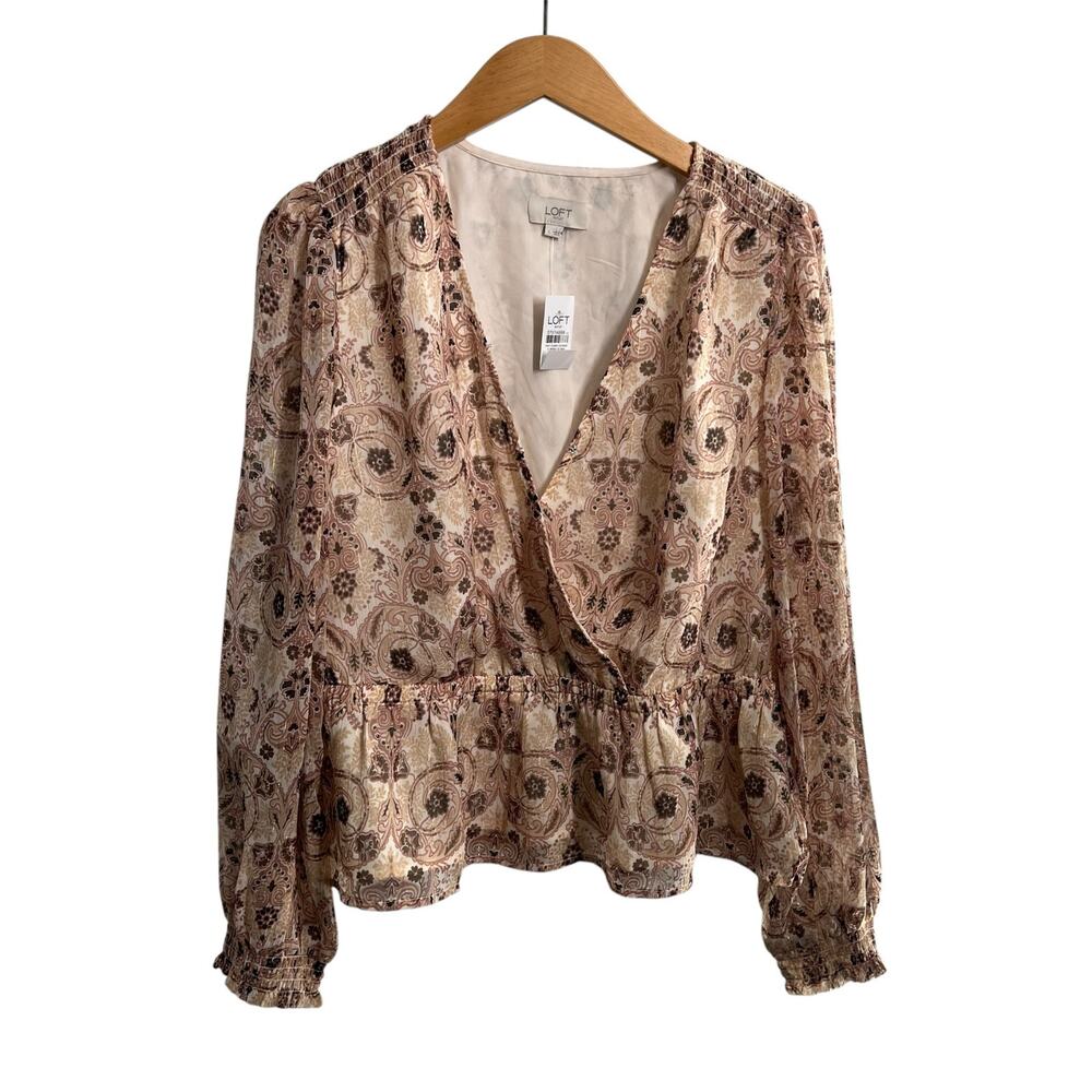 Loft Surplice Neck Gathered Waist Romantic Paisley Long Sleeve Top Size Large